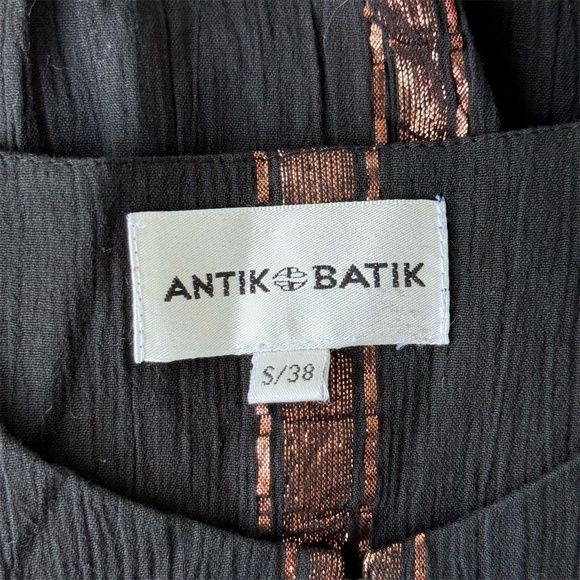 Antik Batik Striped Peasant Gauze Top Size S Black Long Sleeve Metallic Blouse - Picture 4 of 4